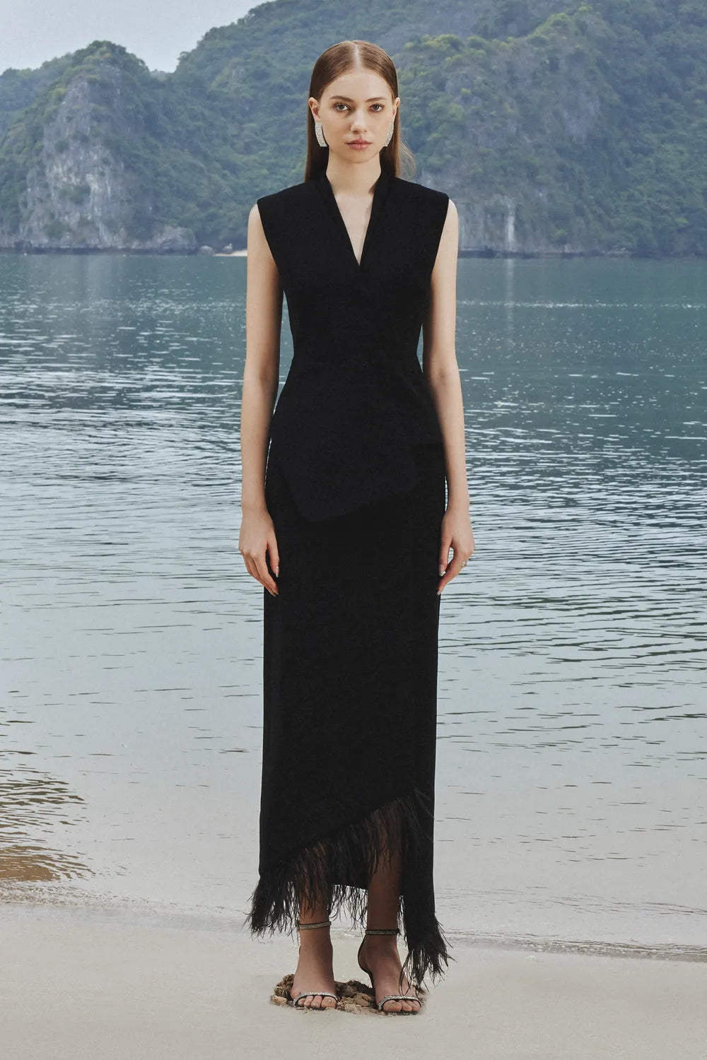 Asymmetric Sleeveless Blazer And Feather Skirt Set - TRACY COUTURE